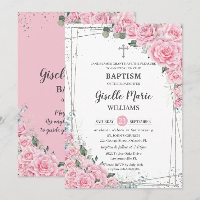 Chic Rosa Blommigt Ro Silver Baptism Christening Inbjudningar (Fram/baksida)