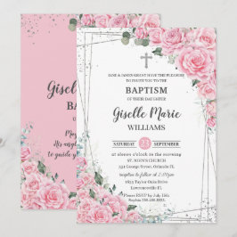 Chic Rosa Blommigt Ro Silver Baptism Christening Inbjudningar