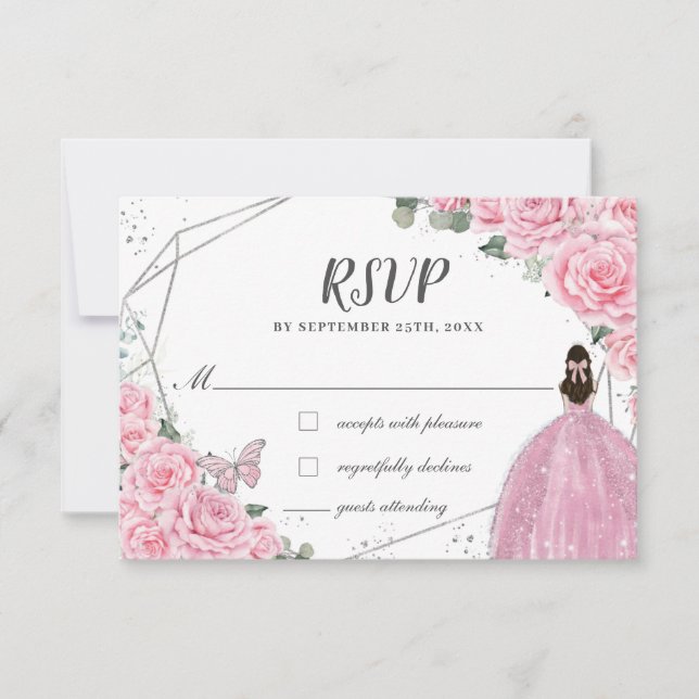 Chic Rosa Blommigt Ro Silver Quinceañera Princess OSA Kort (Framsida)