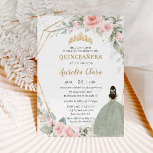 Chic Rosa Blommigt Sage Grönt Princess Quinceañera Inbjudningar