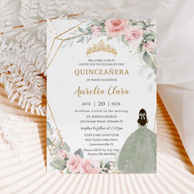Chic Rosa Blommigt Sage Grönt Princess Quinceañera Inbjudningar (Skapare uppladdad)