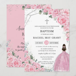 Chic Rosa Blommigt Silver Girl Baptism Christening Inbjudningar