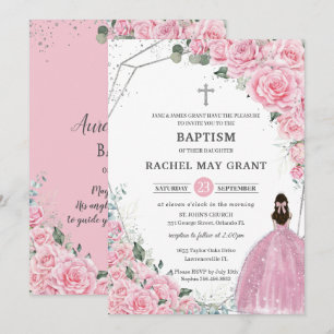Chic Rosa Blommigt Silver Girl Baptism Christening Inbjudningar