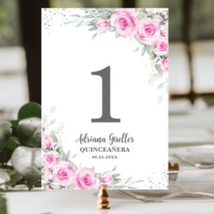 Chic Rosa Blommigt Silver Quinceañera XV Sweet 16 Bordsnummer