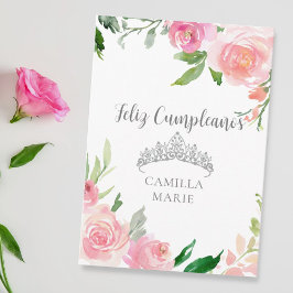 Chic Rosa Blommigt Silver Tiara Feliz Cumpleaños Kort