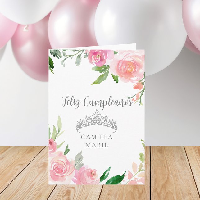 Chic Rosa Blommigt Silver Tiara Feliz Cumpleaños Kort (Skapare uppladdad)