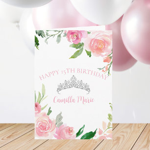 Chic Rosa Blommigt Silver Tiara Quinceañera Birthd Kort