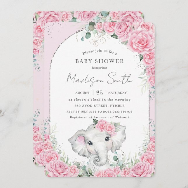 Chic Rosa Blommigt Sweet Elephant Baby Shower Inbjudningar (Fram/baksida)