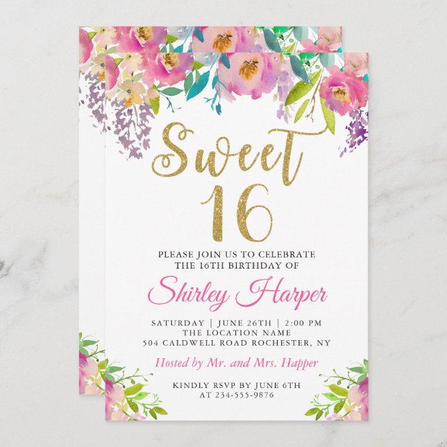 Chic Rosa Blommigt Sweet sixteen 16 födelsedagsfot Inbjudningar (Fram/baksida)