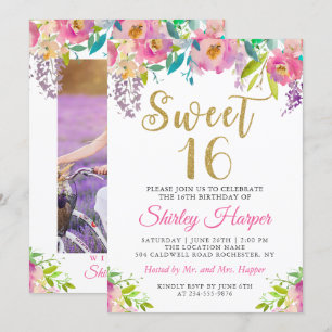 Chic Rosa Blommigt Sweet sixteen 16 födelsedagsfot Inbjudningar