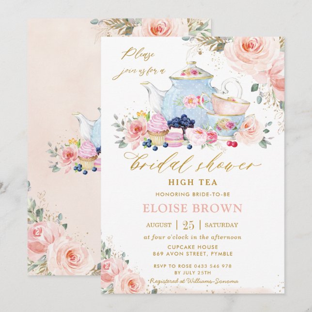 Chic  Rosa Blommigt Tea Party Möhippa Inbjudningar (Fram/baksida)