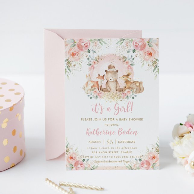 Chic Rosa Blommigt Woodland Animals Girl Baby Show Inbjudningar (Skapare uppladdad)
