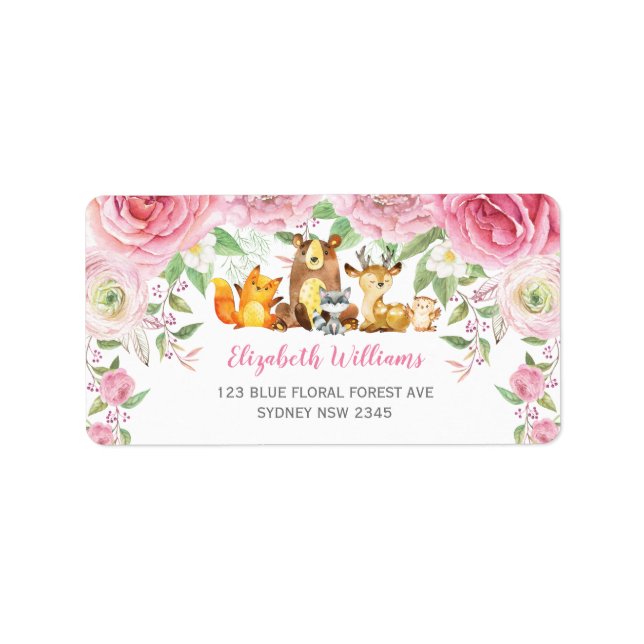 Chic Rosa Blommigt Woodland Animals Returadress Adressetikett (Framsidan)