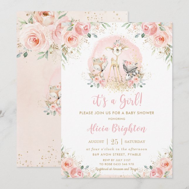 Chic  Rosa Blommigt Woodland Girl Baby Shower Inbjudningar (Fram/baksida)