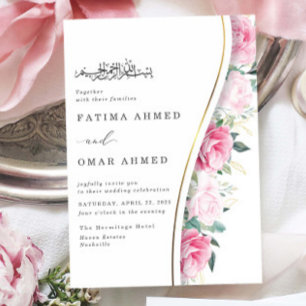 Chic rosa blommor lövverk islamisk muslimsk bröllo inbjudningar
