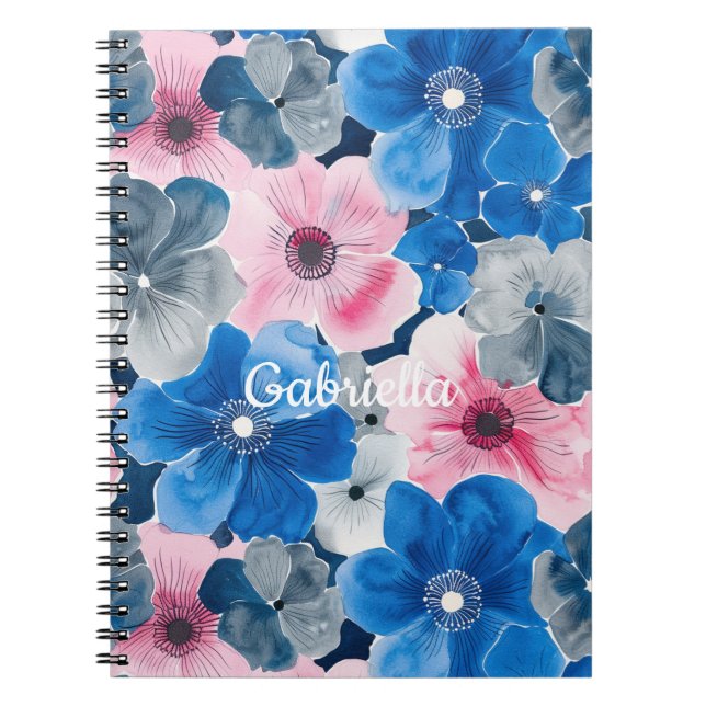 Chic Rosa Blue Blommigt Anteckningsbok (Framsidan)