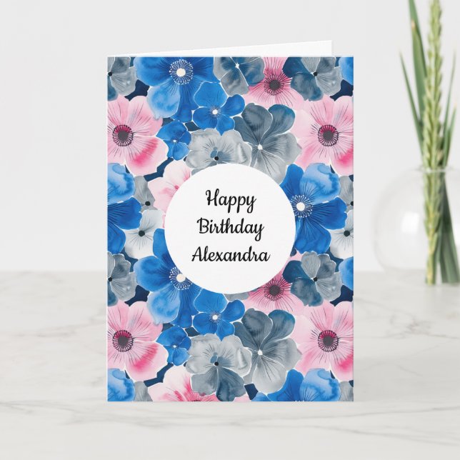 Chic Rosa Blue Blommigt Birthday Kort (Framsida)