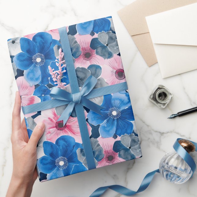 Chic Rosa Blue Blommigt Birthday Presentpapper (Gifting)