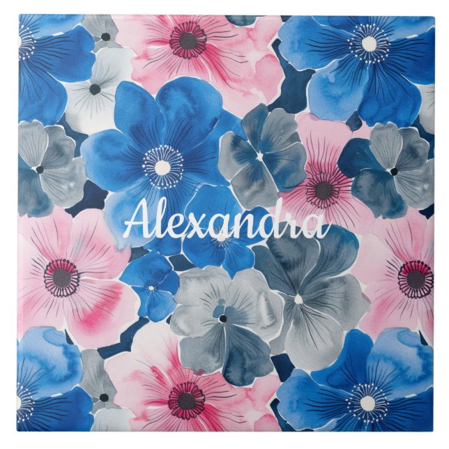 Chic Rosa Blue Blommigt Kakelplatta (Framsidan)