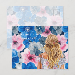 Chic Rosa Blue Summer Blommigt Blond Girl Vykort