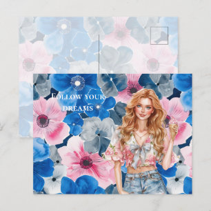 Chic Rosa Blue Summer Blommigt Red Hair Girl Vykort