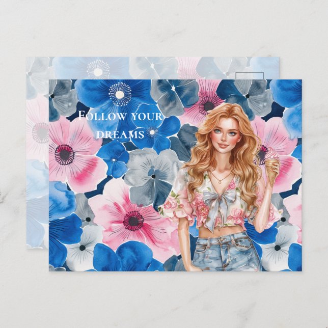 Chic Rosa Blue Summer Blommigt Red Hair Girl Vykort (Fram/baksida)