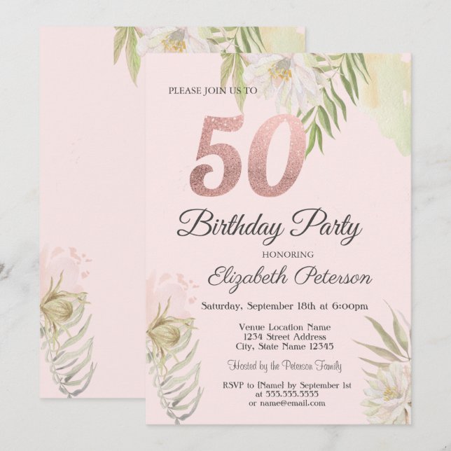 Chic rosa boho blomster 50-årsfest  inbjudningar (Fram/baksida)