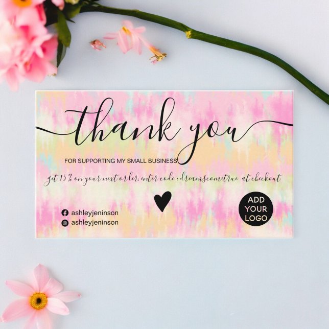 Chic rosa boho slit färgvattenfärg tack. visitkort (Chic pink boho tie dye watercolor order thank you business card)