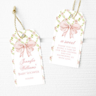 Chic Rosa Bow Blommigt Flicka Shower Tack Presentetikett