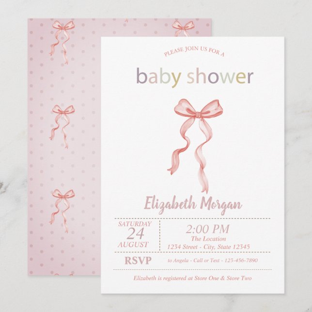 Chic Rosa Bow Doted Baby Shower Inbjudningar (Fram/baksida)