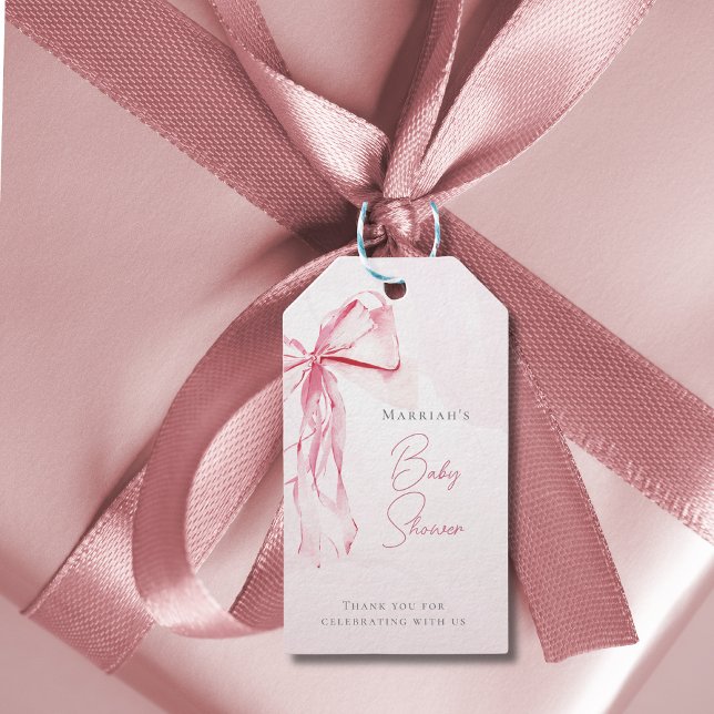 Chic Rosa Bow Watercolor Girl Baby Shower Presentetikett (Skapare uppladdad)