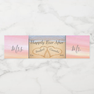 Chic Rosa Bröllop 2 Hjärtsand Monogram Vatten Vattenflaskor Etikett