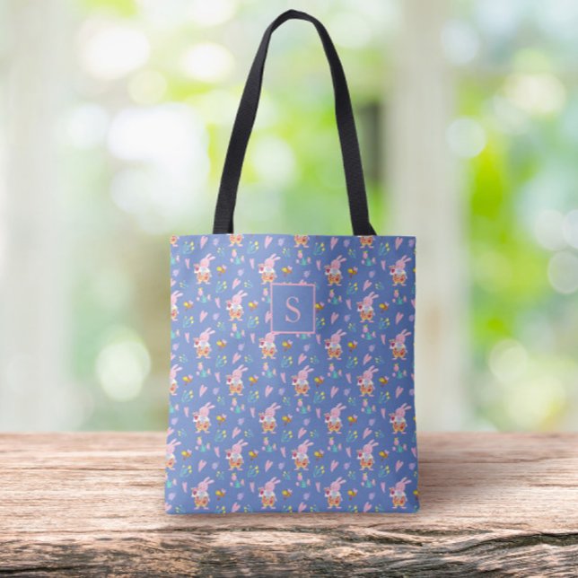 Chic Rosa Bunny Blommönster Blue Monogram Tygkasse (Skapare uppladdad)