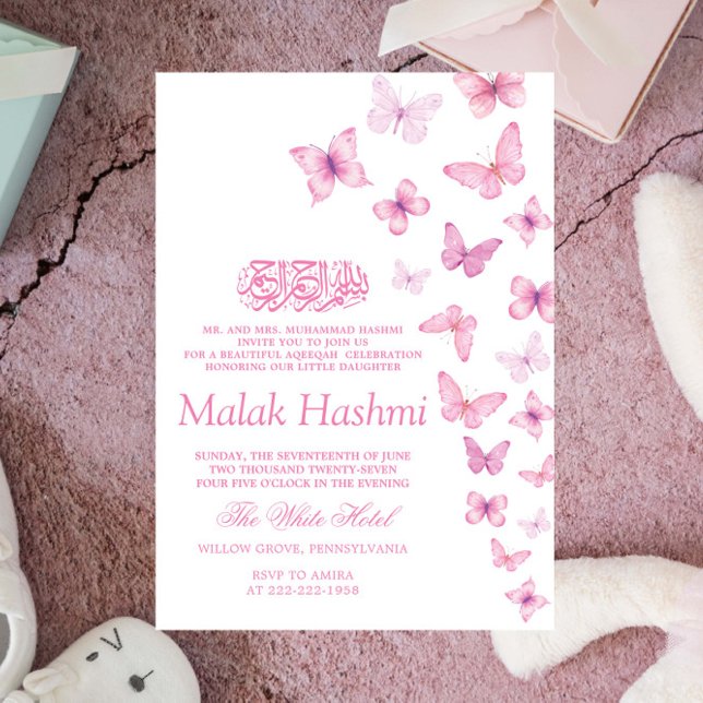 Chic Rosa Butterflies Islamic Aqiqa Aqeeqah Inbjudningar (Skapare uppladdad)