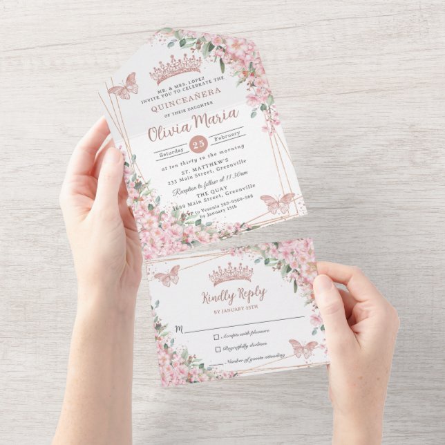 Chic Rosa Cherry Blommar Ro Guld Quinceañera (Avrivbar del)