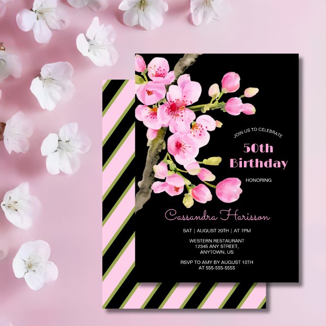 Chic Rosa Cherry Blommar Sakura Black Birthday Inbjudningar (Skapare uppladdad)