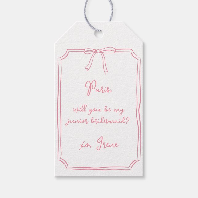 Chic Rosa Coquette Bow Junior Bridesmaid Frieri Presentetikett (Framsidan)