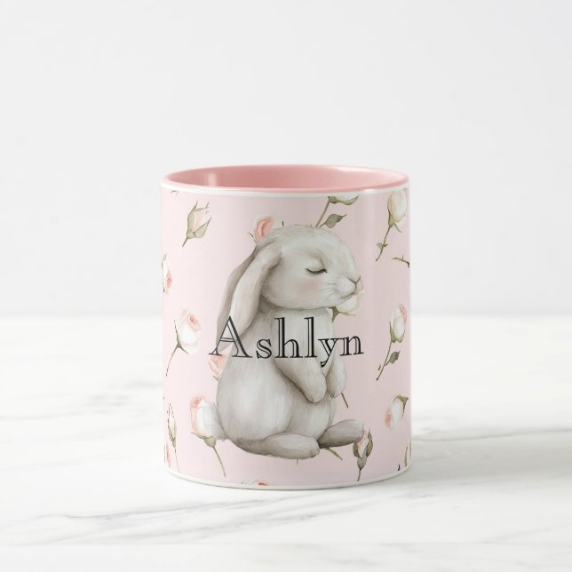 Chic Rosa Cute Bunny Ro Blommigt Mugg (Center)