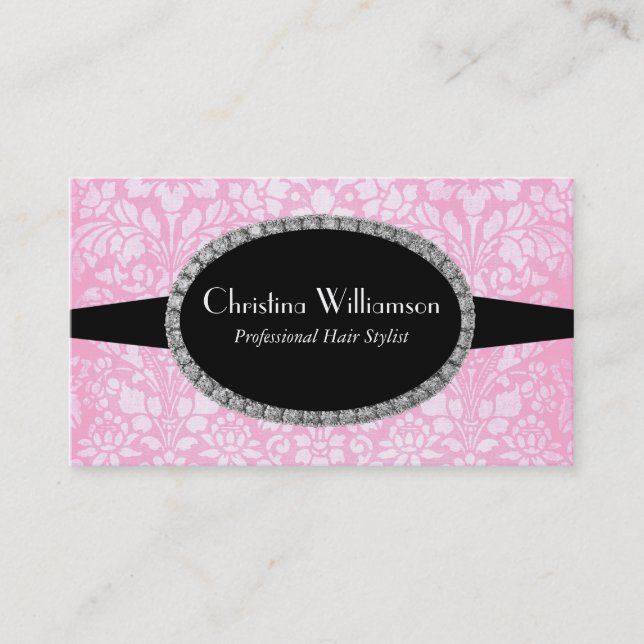 Chic rosa damastast Rhinestones Visitkort (Framsida)
