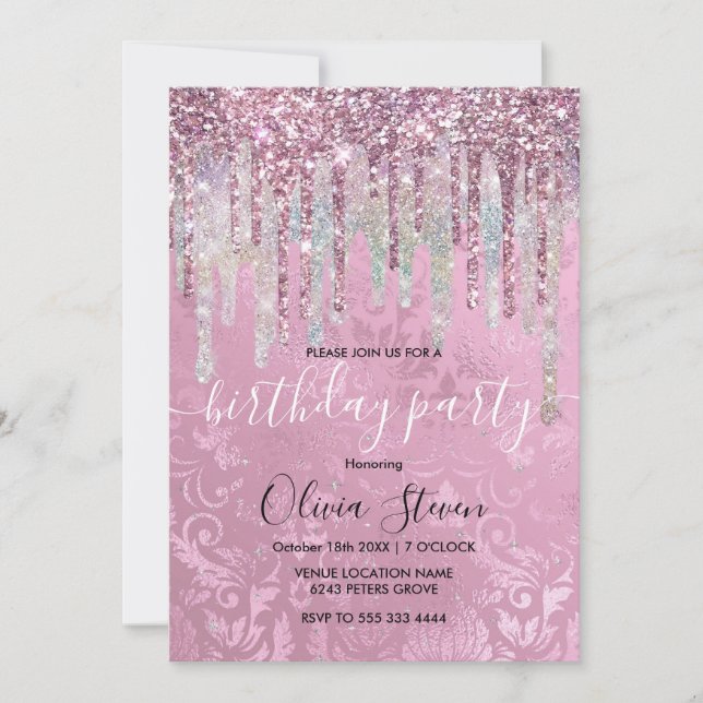 Chic rosa damm som droppar encorn glitter monogram inbjudningar (Framsida)