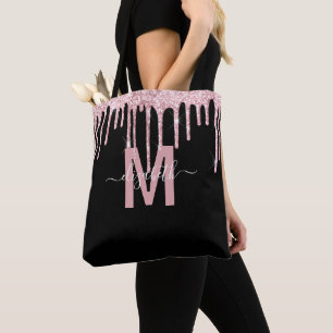 Chic Rosa Dripping Glitter Monogram Namn Tygkasse