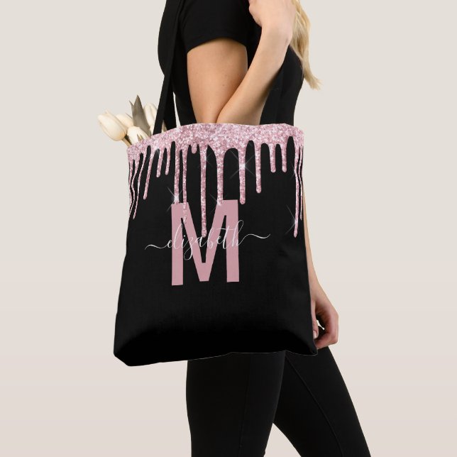 Chic Rosa Dripping Glitter Monogram Namn Tygkasse (Närbild)