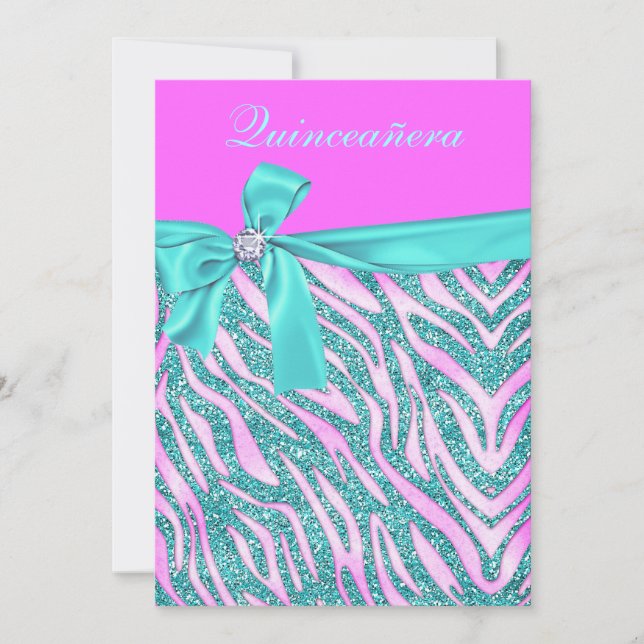 Chic Rosa Fake Glitter Zebra Quinceanera Party Inbjudningar (Framsida)
