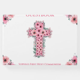 Chic Rosa Flower Kor First Heliga Communion Girl Gästböcker