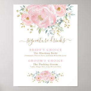 Chic  Rosa Flowers Bröllop Namnteckning drycker Poster