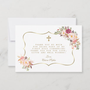 Chic  Rosa Flowers Guld Kor Heliga Communice Tack Kort