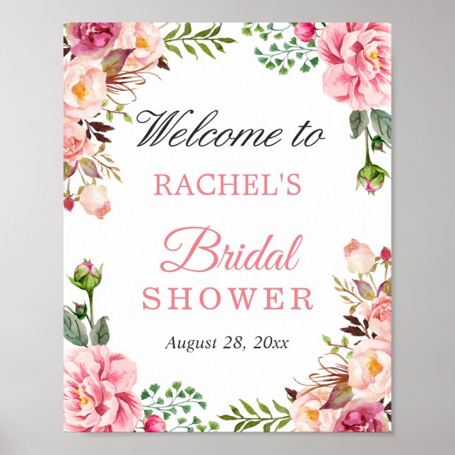 Chic  Rosa Flowers Möhippa Välkomsttecken Poster (Framsidan)