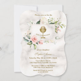 Chic Rosa Flowers Ram Girl Marble Heliga Communion Inbjudningar