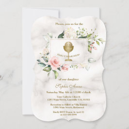 Chic Rosa Flowers Ram Girl Marble Heliga Communion Inbjudningar