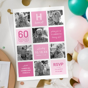 Chic rosa fotokollage 60-års födelsedagsinbjudan inbjudningar